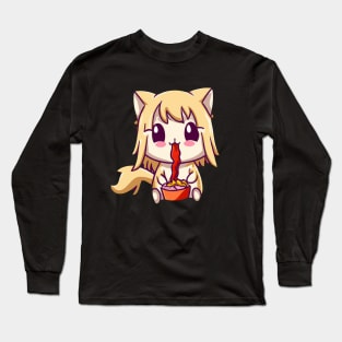 Cat Eating Spaghetti Cute Anime Kitten Long Sleeve T-Shirt